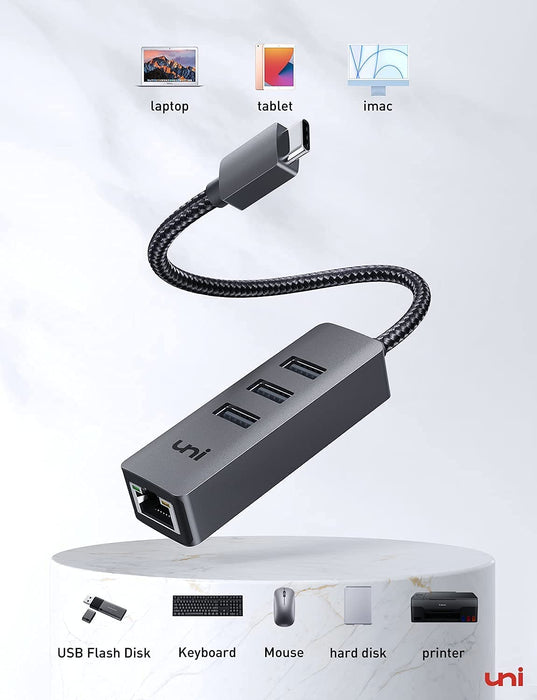 Uni USB-C Hub (3x USB3.0 poorten & UTP) - Spacegrijs